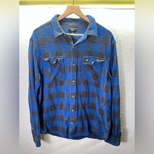 True Religion Blue Plaid Flannel Shirt Mens XL 100% Cotton Outdoors Manly 2102